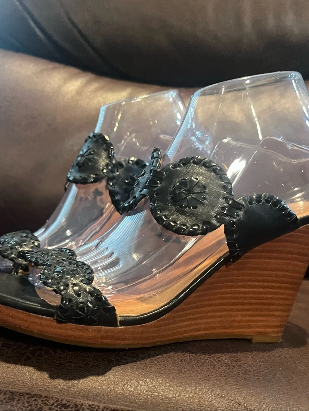 Jack Rogers Black Woven Leather Slide Sandals with Medallions